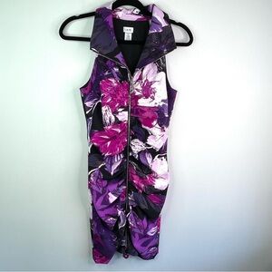 Cache Black, Purple and Pink Floral Ruched Full Zip Sleeveless Dress Size 2